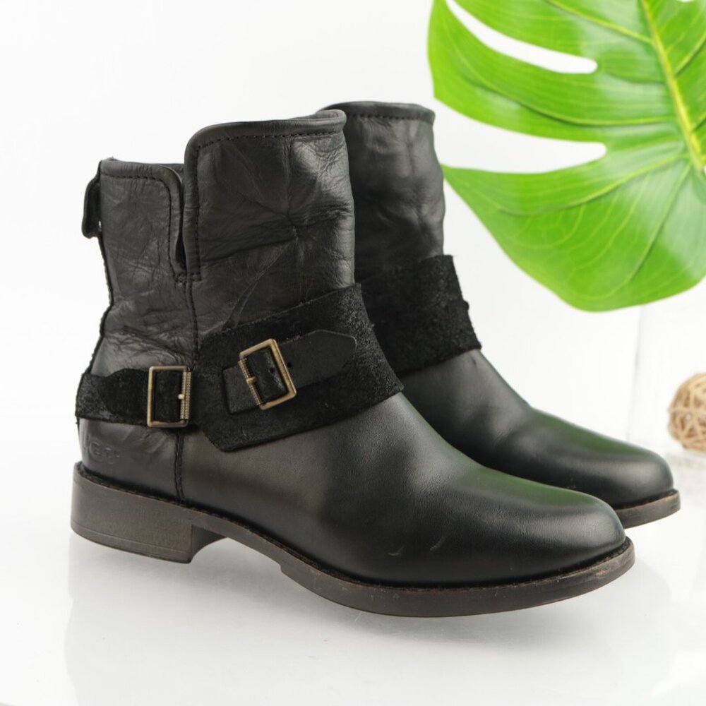 UGG Womens Cybelle Lodge Boot Size 7 Black Leather Sheepskin Sherpa Moto Booties